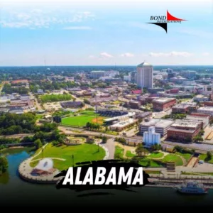 Green spaces burst from emerald waters inbetween towering heights of city builds as a crystal blue sky holds steady. The Bond Investigations logo is top right and bottom cented text reads Alabama.