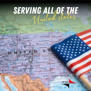 the map of the United States, and the national flag proudly placed over it, symbolizing our commitment to serving every corner of the nation. The title boldly declares our dedication: "Serving All of the United States." At the bottom right, you'll discover the distinctive Bond Investigations logo, representing trust and excellence in our services.