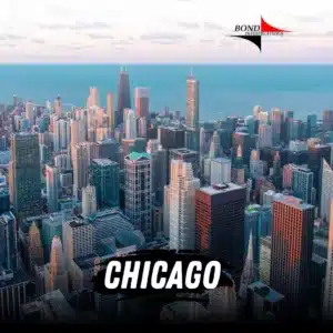 A busy cluster of skyscrapers stand neck to neck, nose to nose. Against the blue ocean, the Trump international hotel and tower looms most striking. The Bond Investigations logo is top right and bottom cented text reads Chicago.