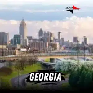 A green mound rolls under a concrete bridge as an old Georgian city sky line stretches out across this landscape. The Bond Investigations logo is top right and bottom cented text reads Georgia