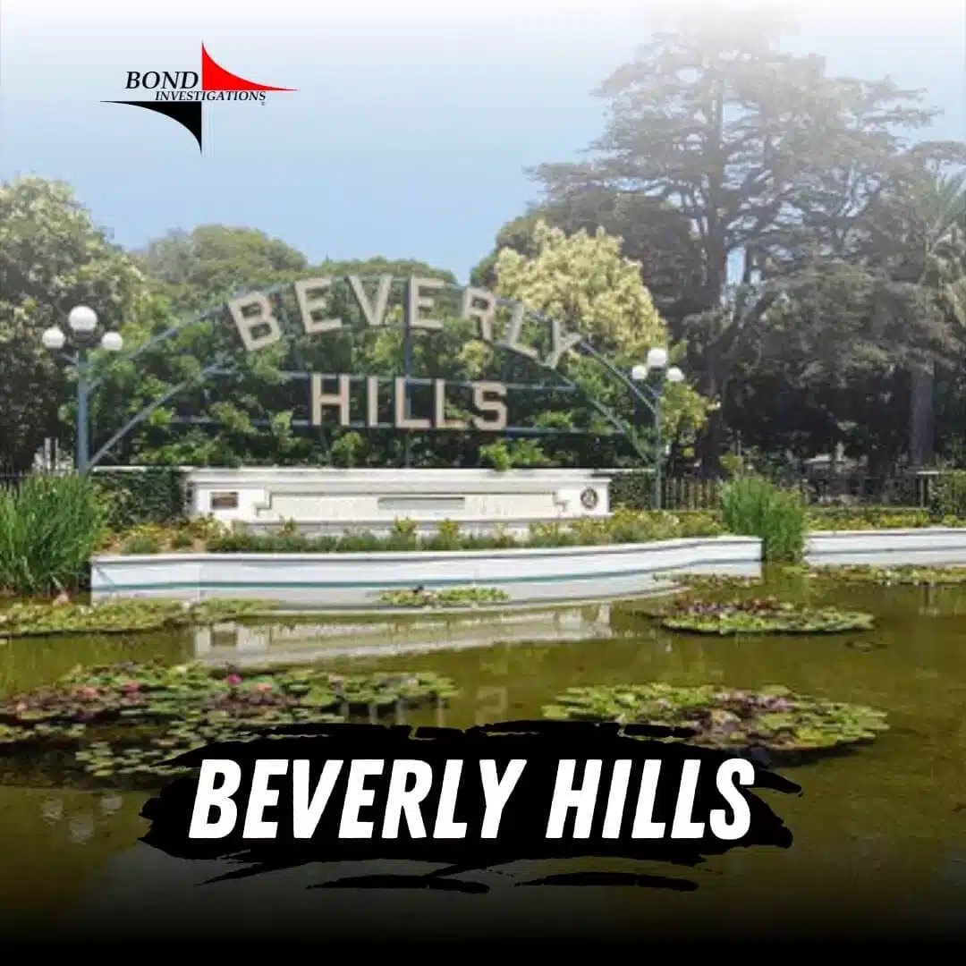 Luxury homes in Beverly Hills, showcasing opulent architecture and stunning landscapes. Experience the epitome of high-end living, titled Beverly Hills written at the bottom center and Bond Investigations logo at the top left